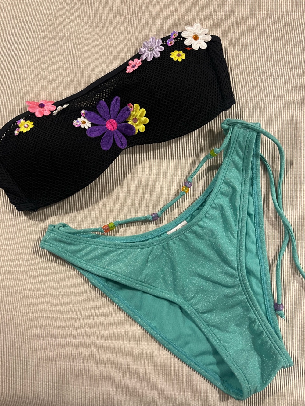 Malibu Barbie Inspired Embellished Bikini Set | Floral Bandeau & Aqua Shimmer